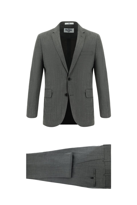 Orta Füme 7 Drop Slim Fit Dar Kesim Yünlü Desenli Takım Elbise