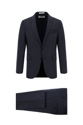  Koyu Lacivert Slim Fit Dar Kesim Yünlü Klasik Desenli Takım Elbise