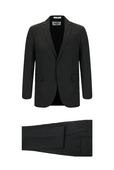 Koyu Antrasit 7 Drop Slim Fit Dar Kesim Yünlü Desenli Takım Elbise