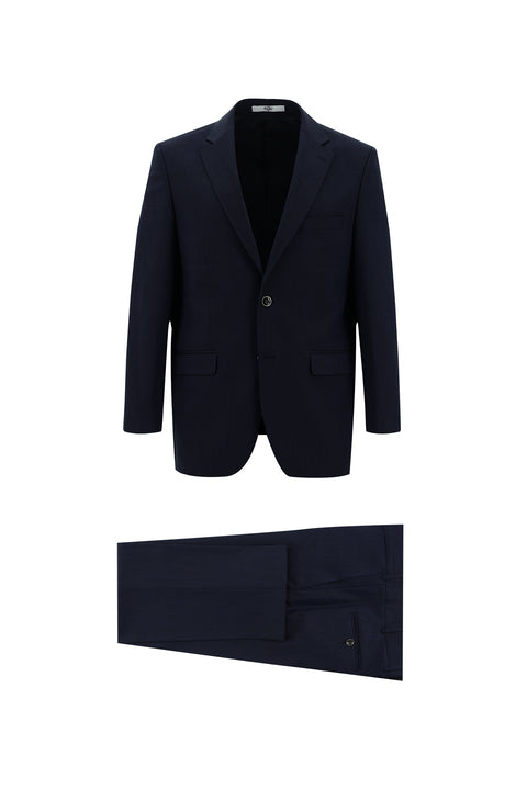 Koyu Lacivert 4 Drop Relaxed Fit Rahat Kesim Yünlü Desenli Takım Elbise