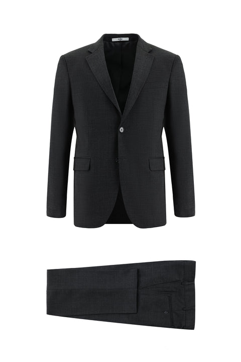 Koyu Antrasit 7 Drop Slim Fit Dar Kesim Yünlü Desenli Takım Elbise
