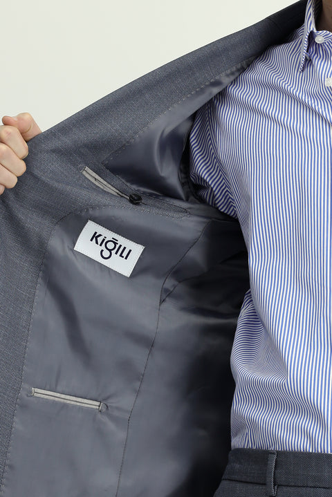 Orta Füme 7 Drop Slim Fit Dar Kesim Desenli Beli Lastikli Takım Elbise