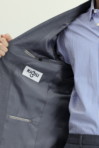 Orta Füme 7 Drop Slim Fit Dar Kesim Klasik Desenli Beli Lastikli Takım Elbise