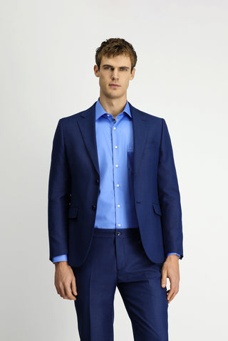  Orta Lacivert Slim Fit Dar Kesim Klasik Desenli Beli Lastikli Takım Elbise