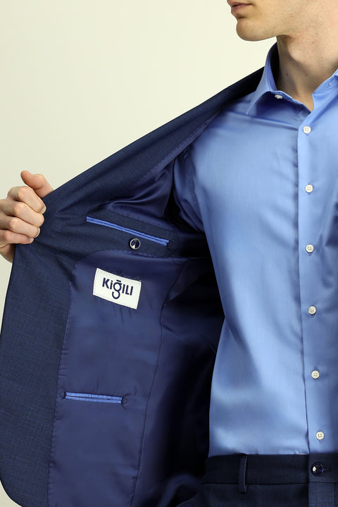 Orta Lacivert 4 Drop Relaxed Fit Rahat Kesim Desenli Beli Lastikli Takım Elbise
