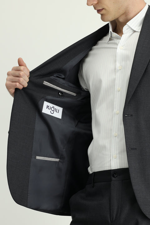 Koyu Antrasit 7 Drop Slim Fit Dar Kesim Desenli Beli Lastikli Takım Elbise