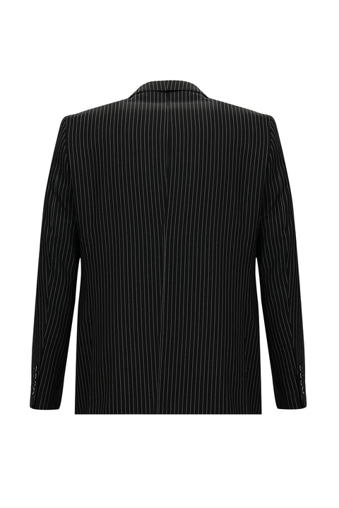 Siyah 4 Drop Relaxed Fit Rahat Kesim Çizgili Takım Elbise