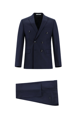  Koyu Lacivert 7 Drop Super Slim Fit Eksra Dar Kesim Çizgili Kruvaze Takım Elbise