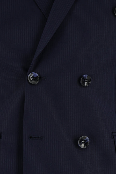 Koyu Lacivert 7 Drop Super Slim Fit Eksra Dar Kesim Çizgili Kruvaze Takım Elbise