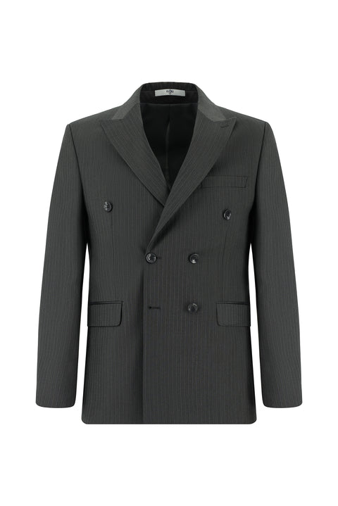 Orta Füme 7 Drop Slim Fit Dar Kesim Çizgili Kruvaze Takım Elbise