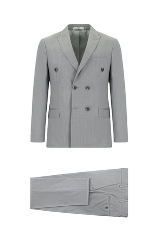  Orta Gri Super Slim Fit Ekstra Dar Kesim Çizgili Kruvaze Takım Elbise