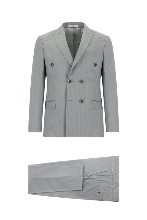 Orta Gri 7 Drop Super Slim Fit Eksra Dar Kesim Çizgili Kruvaze Takım Elbise