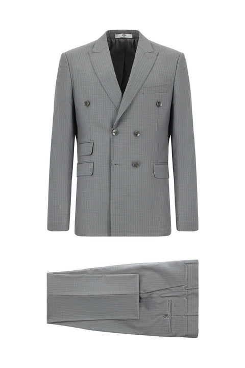 Orta Füme 7 Drop Super Slim Fit Eksra Dar Kesim Çizgili Kruvaze Takım Elbise