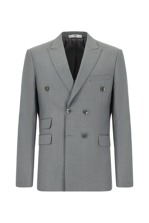 Orta Füme 7 Drop Super Slim Fit Eksra Dar Kesim Çizgili Kruvaze Takım Elbise