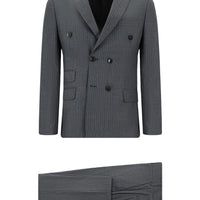 Koyu Füme 7 Drop Super Slim Fit Eksra Dar Kesim Çizgili Kruvaze Takım Elbise