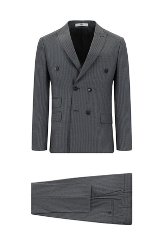  Koyu Füme 7 Drop Super Slim Fit Eksra Dar Kesim Çizgili Kruvaze Takım Elbise