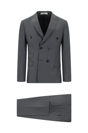  Koyu Füme Super Slim Fit Ekstra Dar Kesim Çizgili Kruvaze Takım Elbise