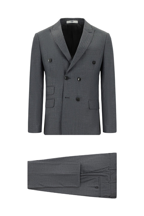 Koyu Füme 7 Drop Super Slim Fit Eksra Dar Kesim Çizgili Kruvaze Takım Elbise