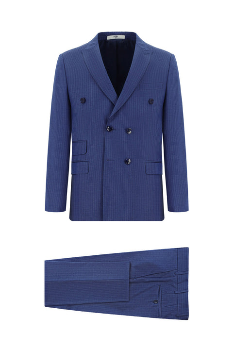 Açık Lacivert 7 Drop Super Slim Fit Eksra Dar Kesim Çizgili Kruvaze Takım Elbise