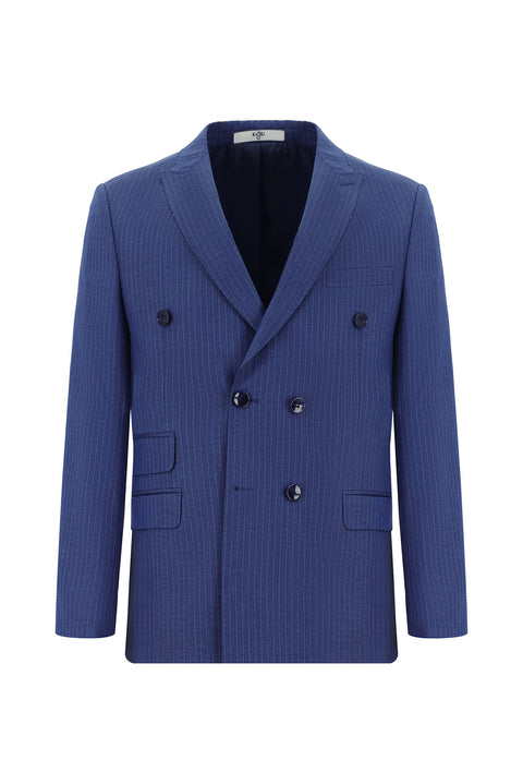 Açık Lacivert 7 Drop Super Slim Fit Eksra Dar Kesim Çizgili Kruvaze Takım Elbise