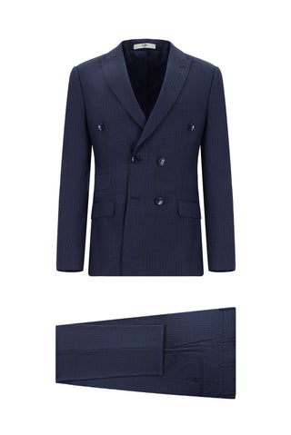  Orta Lacivert 7 Drop Super Slim Fit Eksra Dar Kesim Çizgili Kruvaze Takım Elbise