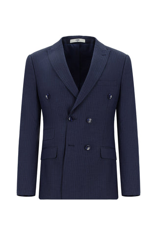  Orta Lacivert 7 Drop Super Slim Fit Eksra Dar Kesim Çizgili Kruvaze Takım Elbise