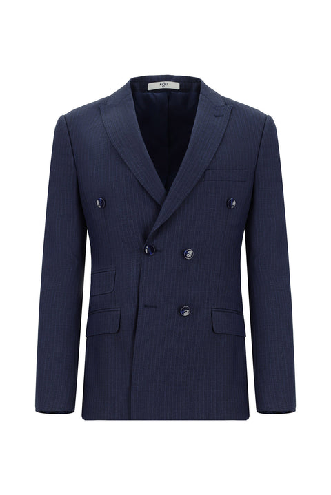 Orta Lacivert 7 Drop Super Slim Fit Eksra Dar Kesim Çizgili Kruvaze Takım Elbise