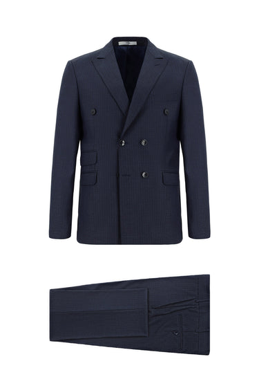 Koyu Lacivert 7 Drop Super Slim Fit Eksra Dar Kesim Çizgili Kruvaze Takım Elbise