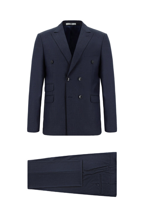 Koyu Lacivert 7 Drop Super Slim Fit Eksra Dar Kesim Çizgili Kruvaze Takım Elbise