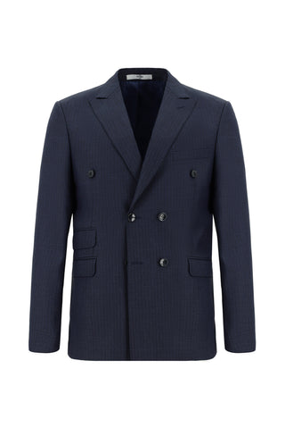  Koyu Lacivert Regular Fit Çizgili Kruvaze Takım Elbise