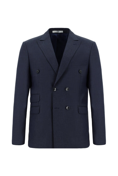 Koyu Lacivert 7 Drop Super Slim Fit Eksra Dar Kesim Çizgili Kruvaze Takım Elbise