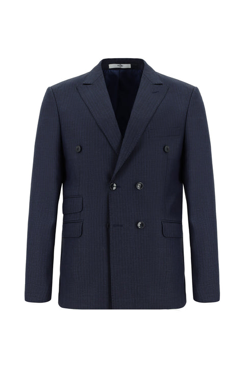 Koyu Lacivert 7 Drop Super Slim Fit Eksra Dar Kesim Çizgili Kruvaze Takım Elbise