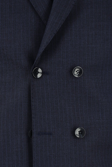 Koyu Lacivert 7 Drop Super Slim Fit Eksra Dar Kesim Çizgili Kruvaze Takım Elbise