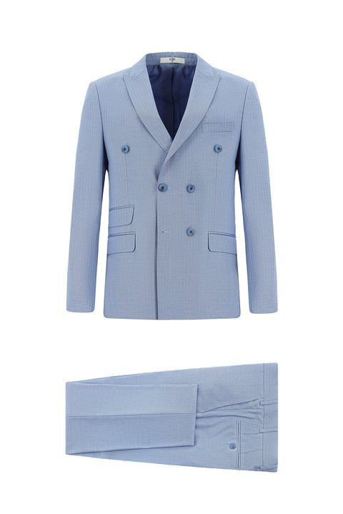 Açık Mavi 7 Drop Super Slim Fit Eksra Dar Kesim Çizgili Kruvaze Takım Elbise