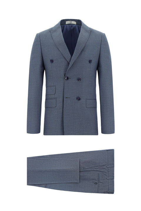 İndigo 7 Drop Super Slim Fit Eksra Dar Kesim Çizgili Kruvaze Takım Elbise