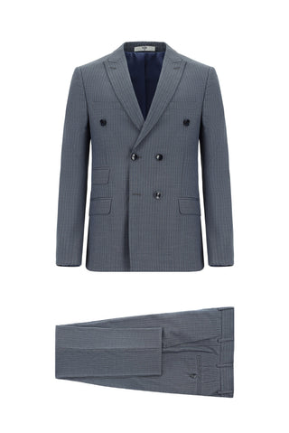  Koyu İndigo 7 Drop Super Slim Fit Eksra Dar Kesim Çizgili Kruvaze Takım Elbise