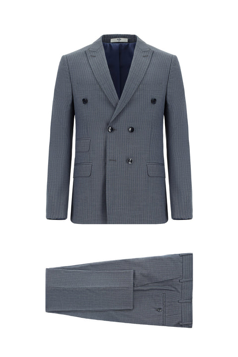 Koyu İndigo 7 Drop Super Slim Fit Eksra Dar Kesim Çizgili Kruvaze Takım Elbise