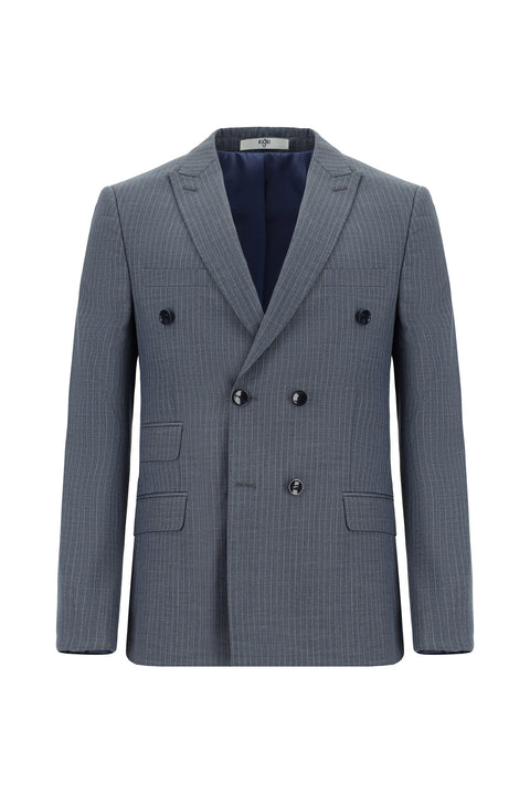 Koyu İndigo 7 Drop Super Slim Fit Eksra Dar Kesim Çizgili Kruvaze Takım Elbise