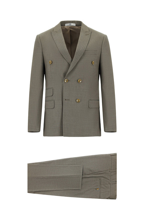 Açık Kahve  7 Drop Super Slim Fit Eksra Dar Kesim Çizgili Kruvaze Takım Elbise