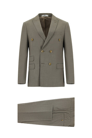  Açık Kahve  7 Drop Super Slim Fit Eksra Dar Kesim Çizgili Kruvaze Takım Elbise