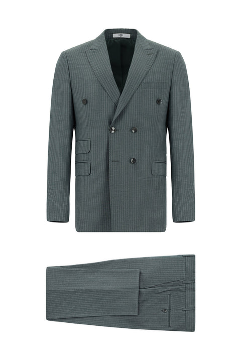 Petrol Yeşili 7 Drop Super Slim Fit Eksra Dar Kesim Çizgili Kruvaze Takım Elbise