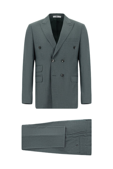 Petrol Yeşili Super Slim Fit Ekstra Dar Kesim Çizgili Kruvaze Takım Elbise