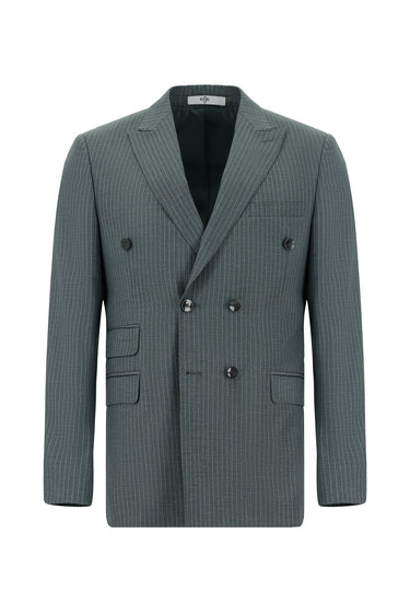 Petrol Yeşili 7 Drop Super Slim Fit Eksra Dar Kesim Çizgili Kruvaze Takım Elbise