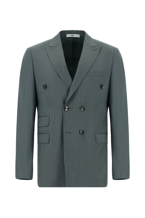 Petrol Yeşili 7 Drop Super Slim Fit Eksra Dar Kesim Çizgili Kruvaze Takım Elbise