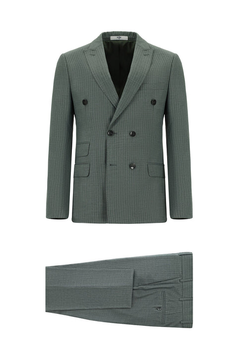 Koyu Yeşil 7 Drop Super Slim Fit Eksra Dar Kesim Çizgili Kruvaze Takım Elbise