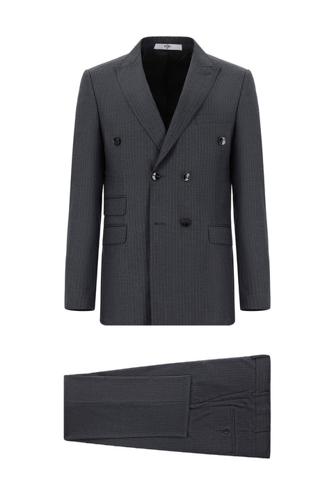 Koyu Antrasit 7 Drop Super Slim Fit Eksra Dar Kesim Çizgili Kruvaze Takım Elbise