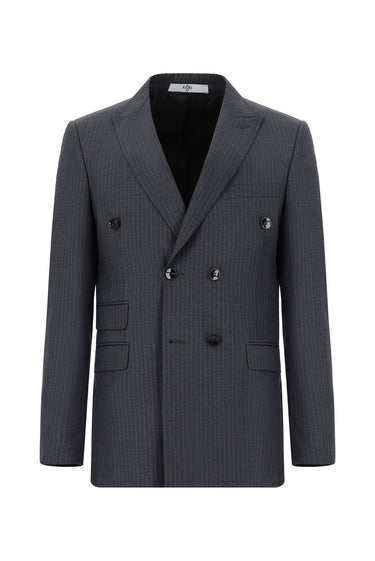  Koyu Antrasit Super Slim Fit Ekstra Dar Kesim Çizgili Kruvaze Takım Elbise
