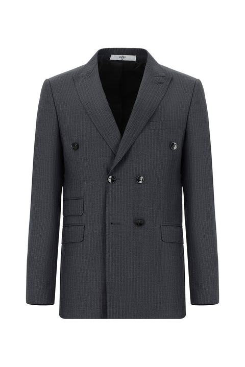 Koyu Antrasit 7 Drop Super Slim Fit Eksra Dar Kesim Çizgili Kruvaze Takım Elbise