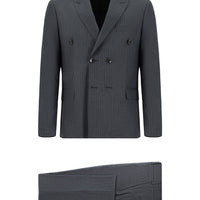 Orta Antrasit 7 Drop Super Slim Fit Eksra Dar Kesim Çizgili Kruvaze Takım Elbise