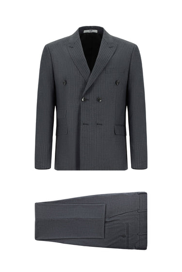 Orta Antrasit 7 Drop Super Slim Fit Eksra Dar Kesim Çizgili Kruvaze Takım Elbise